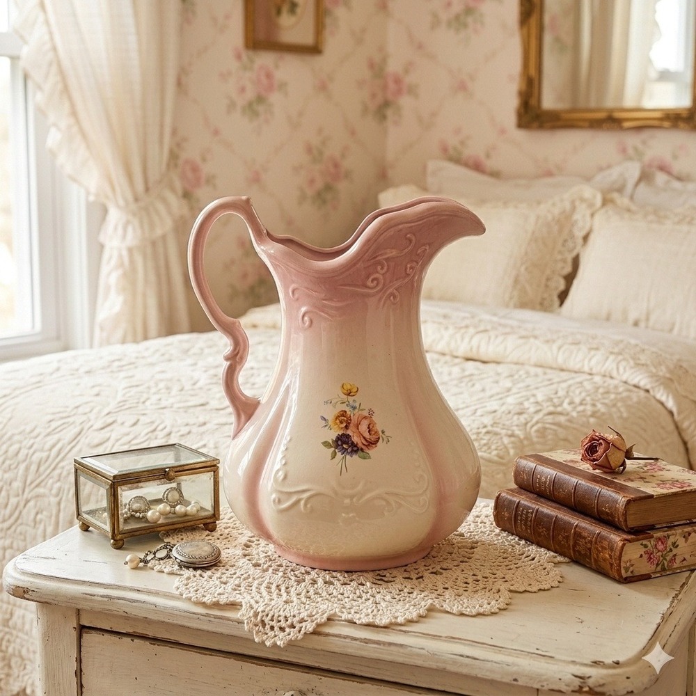 Vintage Pink Cream Floral Ceramic Pitcher Vase Ornate Scalloped‎ Victorian Style